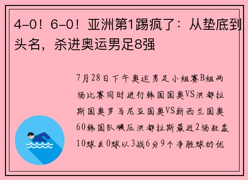 4-0！6-0！亚洲第1踢疯了：从垫底到头名，杀进奥运男足8强
